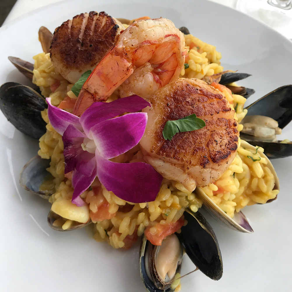 image of food dish, shrimp and flowers