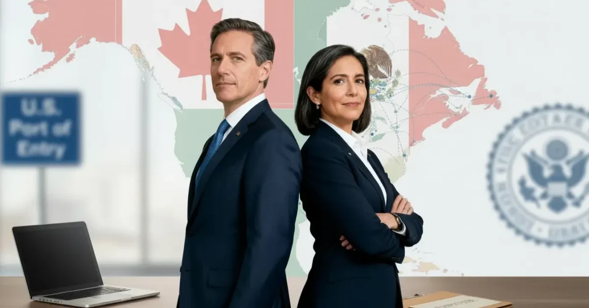 Two North American business professionals standing back‑to‑back in front of a map of Canada, Mexico and the United States, symbolizing TN visa options for Canadian and Mexican citizens under USMCA