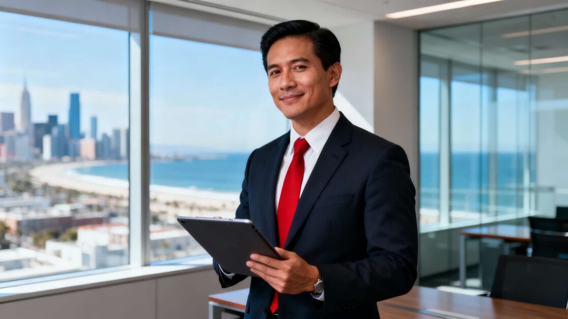 Professional immigrant in a modern U.S. office, confidently holding documents, representing EB-1 Green Card options for extraordinary ability, professors, and multinational executives with legal guidance from Tondini Law.