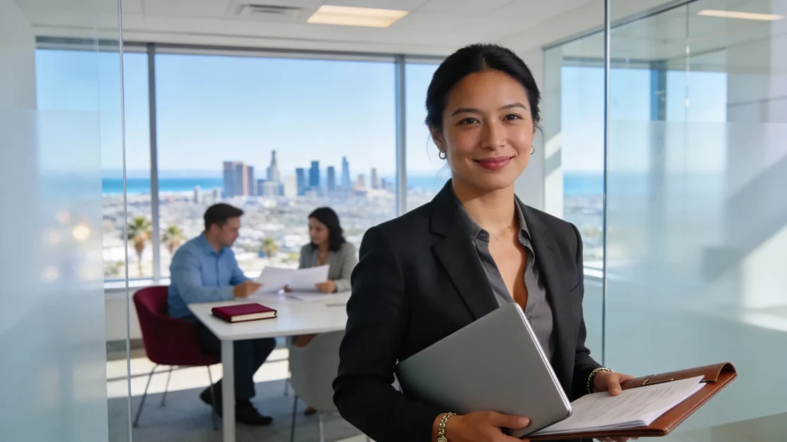 Professional in a modern office holding a laptop, illustrating H‑1B visa sponsorship guidance. ​
