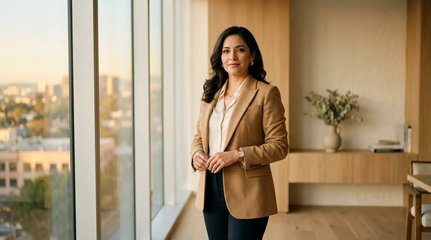 Mujer de pie bajo la cálida luz de la mañana, compuesta y mirando hacia adelante — estilo editorial de empoderamiento