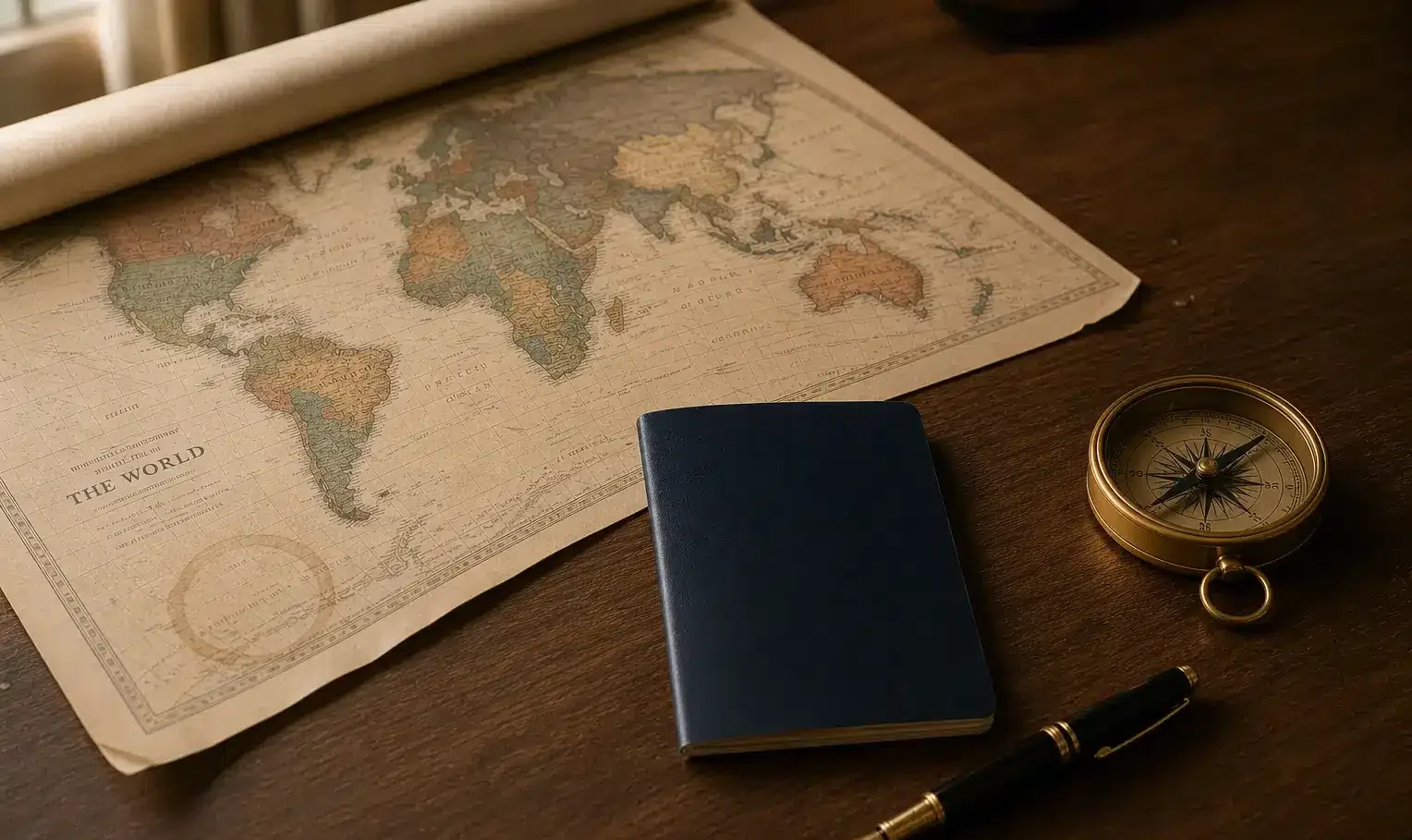 E-1 and E-2 Treaty Countries Visa List World map, passport, and compass on a desk representing E-1 and E-2 treaty countries for trader and investor visas