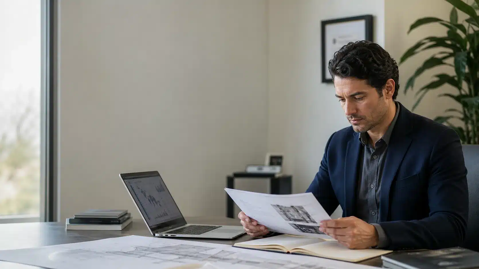 Professional reviewing documents and research materials for an EB-2 NIW green card strategy
